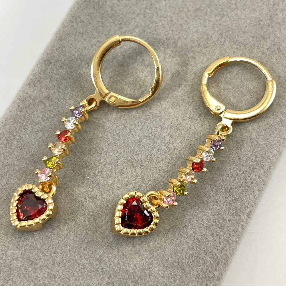 Cute Unsigned Gold Tone Red Pink Purple Rhinestone Heart Hoop Dangle Earrings